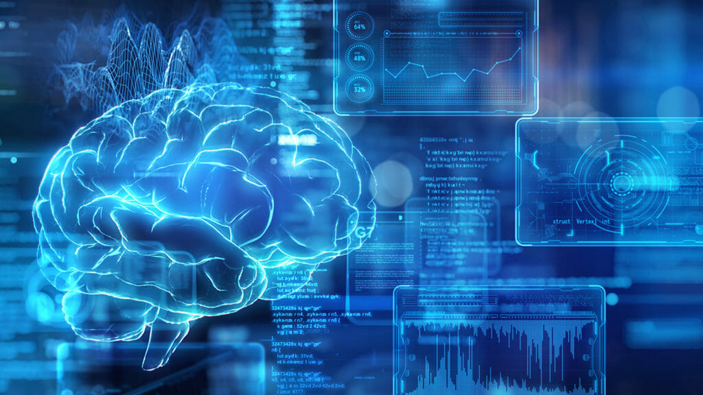Artificial intelligence brain and futuristic graphical user interface data screen on a dark background.