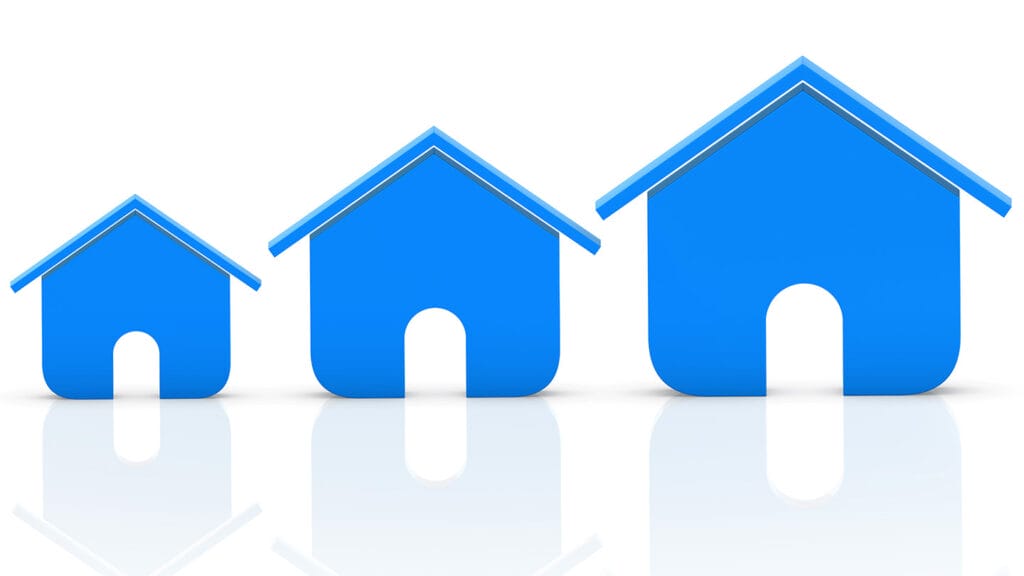 illustration of 3 blue houses of differing sizes, going smaller to bigger