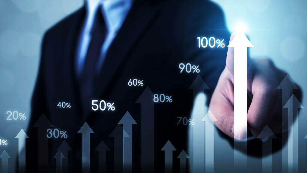 Business development to success and growing growth concept. Businessman pointing arrow graph corporate future growth plan and increase percentage